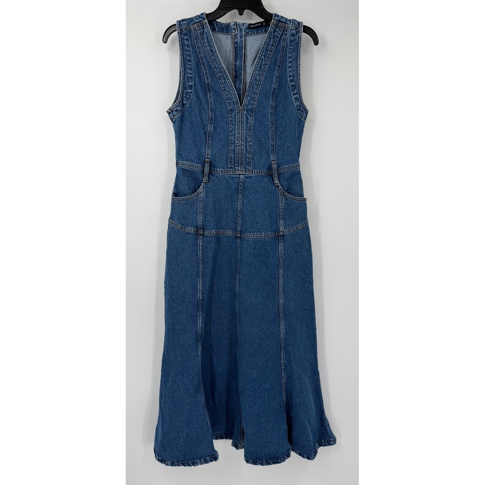 Karen Millen Blue Denim Midi Dress Sleeveless V-Neck Zip Back Pockets Size 6 US